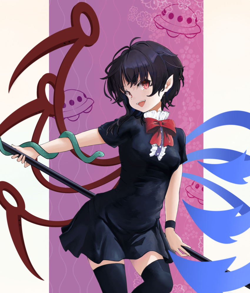 1girl asymmetrical_wings black_dress black_hair black_legwear blue_wings bow bowtie dress highres holding holding_weapon houjuu_nue looking_at_viewer open_mouth pointy_ears polearm red_bow red_eyes red_wings short_dress short_hair short_sleeves smile snake solo thigh-highs touhou trident tsukechi weapon wings zettai_ryouiki