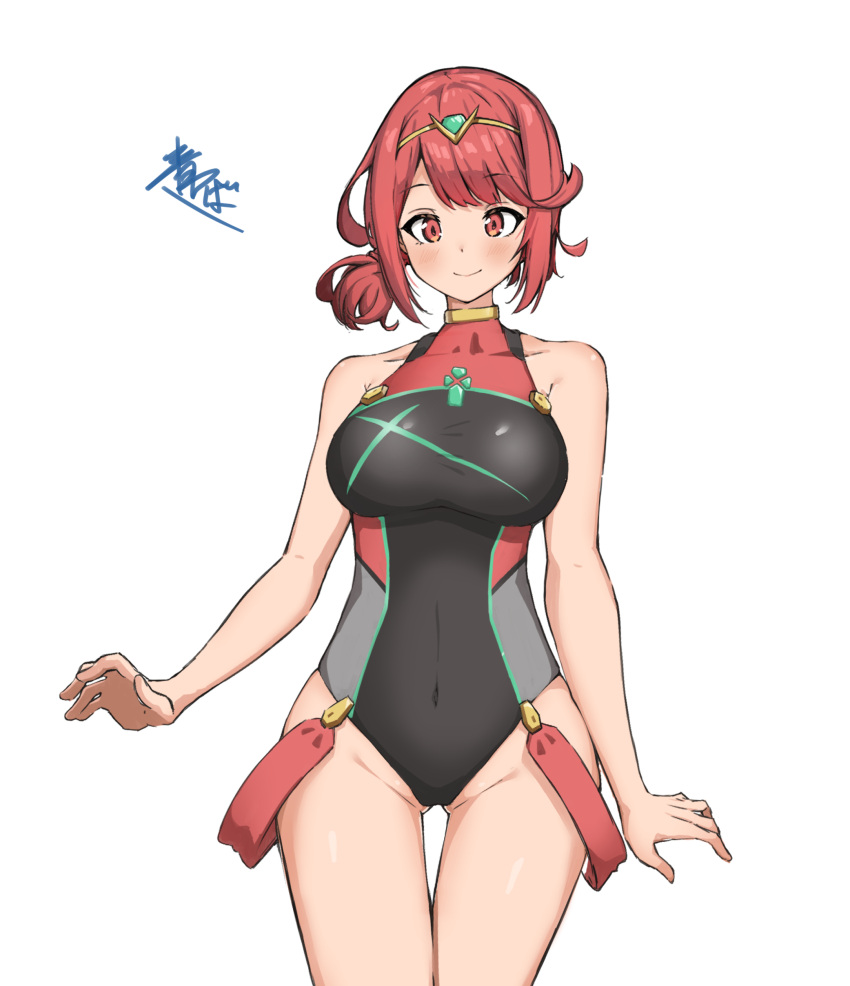 1girl absurdres alternate_hairstyle aotsuba bangs black_swimsuit breasts chest_jewel competition_swimsuit headpiece highres large_breasts one-piece_swimsuit pyra_(pro_swimmer)_(xenoblade) pyra_(xenoblade) red_eyes red_swimsuit redhead ribbed_swimsuit short_hair simple_background solo strapless strapless_swimsuit swept_bangs swimsuit tiara two-tone_swimsuit white_background xenoblade_chronicles_(series) xenoblade_chronicles_2