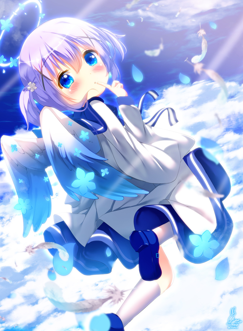 1girl :o angel angel_wings bangs blue_eyes blue_flower blue_footwear blue_sailor_collar blue_sky blue_wings blush chinomaron clouds cloudy_sky commentary_request day dress eyebrows_visible_through_hair feathered_wings feathers finger_to_mouth flower from_behind gochuumon_wa_usagi_desu_ka? gradient gradient_wings hair_between_eyes hair_flower hair_ornament halo hand_up highres kafuu_chino kneehighs long_sleeves looking_at_viewer looking_back multicolored_wings outdoors parted_lips petals puffy_long_sleeves puffy_sleeves purple_hair sailor_collar sailor_dress shoe_soles shoes sky solo two_side_up white_dress white_feathers white_flower white_legwear white_wings wings x_hair_ornament