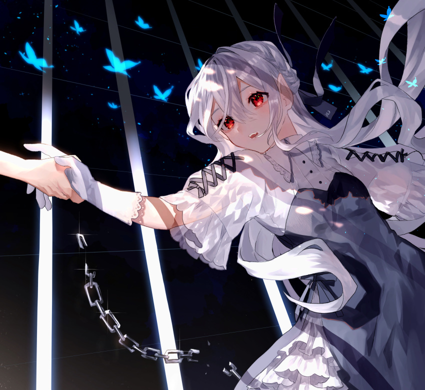 1girl absurdres bangs black_background black_dress blue_butterfly bug butterfly chain collared_shirt commentary_request dress gloves hair_between_eyes highres holding_hands iwai_ku_tsuki long_hair original parted_lips pointy_ears red_eyes shirt short_sleeves solo_focus teeth upper_teeth white_gloves white_hair white_shirt