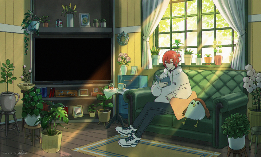 1boy ao_fujimori arm_rest bird black_pants book cactus carpet cattail clock couch crossed_legs cup curtains cushion dappled_sunlight dated digital_clock flower flower_pot hair_between_eyes hair_flower hair_ornament half_updo hanasaki_miyabi hanging_plant highres holostars hood hoodie indoors jar kyomu_suzume male_focus official_art on_couch pants picture_(object) pink_flower pink_rose plant potted_plant reading redhead room rose shoes signature sitting sneakers solo sparrow steam stool suitcase sunlight tablecloth teacup tree vase white_footwear white_hoodie window wooden_floor wreath yellow_eyes