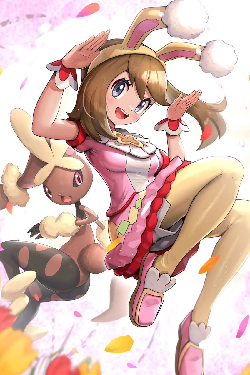 1girl :d absurdres animal_ears blurry breasts brown_hair bunny_pose cherry_blossoms depth_of_field dress fake_animal_ears falling_petals floating_hair flower frilled_dress frills gonzarez grey_eyes hands_up highres knees_up long_hair lopunny may_(pokemon) mega_lopunny mega_pokemon official_alternate_costume open_mouth pantyhose petals pink_dress pink_footwear pokemon pokemon_(creature) pokemon_(game) pokemon_masters_ex rabbit_ears shoes shorts shorts_under_dress smile white_shorts wrist_cuffs yellow_legwear