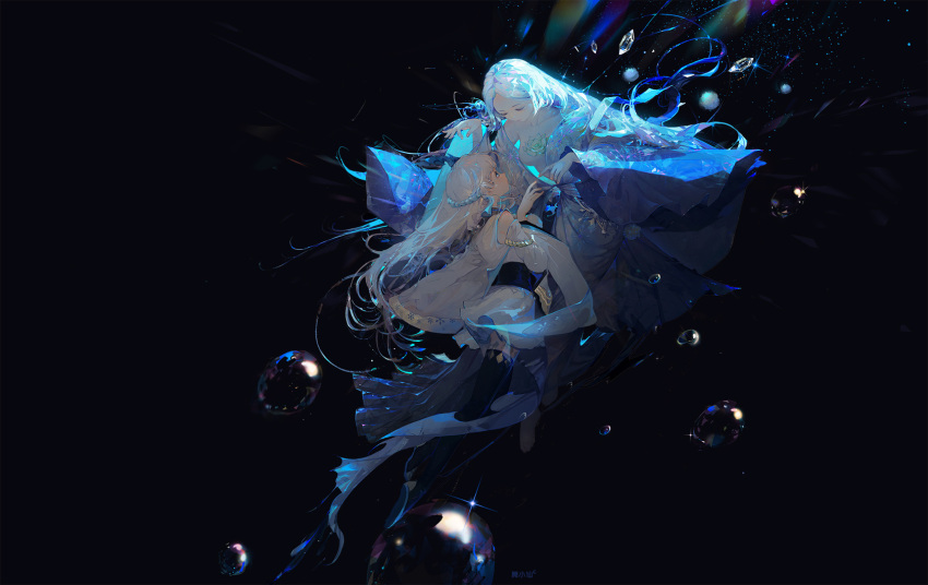 2girls artist_name bare_shoulders barefoot black_background black_legwear blue_coat blue_eyes blue_hair blue_kimono blue_ribbon blue_theme boots breasts bubble character_request chest_tattoo closed_eyes clothing_cutout coat crystal_hair fingernails floating_hair flower gold_trim hair_tassel hands_up haori highres ice japanese_clothes kimono light_particles long_sleeves looking_at_another looking_away looking_up lotus multiple_girls obi off_shoulder onmyoji open_clothes open_kimono pale_skin plantar_flexion pom_pom_(clothes) profile reaching ribbon rope sash shoe_soles shoulder_cutout snowflake_print sparkle tassel tattoo thigh-highs thigh_boots water_drop white_hair wide_shot wide_sleeves wu_xiao_xian yuki_onna_(onmyoji)