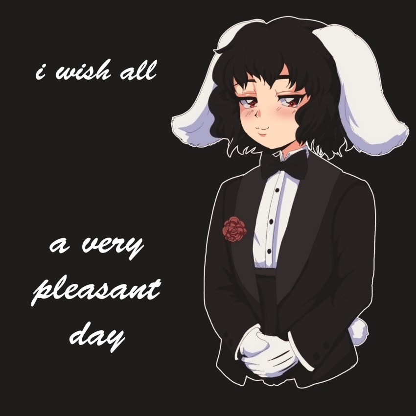 1990s_(style) 1girl :3 animal_ears bangs black_bow black_bowtie black_hair black_jacket blush bow bowtie bugs_bunny bugs_bunny_(cosplay) buttons collared_shirt commentary cosplay cursive english_commentary english_text flat_chest floppy_ears flower formal gloves grey_background highres i_wish_all_lesbians_a_very_pleasant_evening_(meme) inaba_tewi jacket looking_at_viewer looney_tunes meme open_mouth rabbit_ears rabbit_tail red_eyes red_flower red_rose retro_artstyle rose shirt short_hair smile solo step_arts suit tail template touhou upper_body wavy_hair white_gloves white_shirt