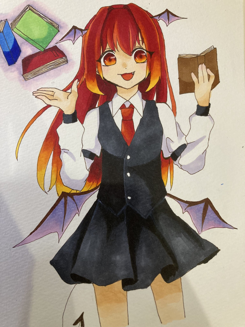 1girl :d bat_wings book cropped_legs dress_shirt eyebrows_behind_hair fang hands_up head_wings highres holding holding_book koakuma long_hair long_sleeves looking_at_viewer low_wings necktie open_mouth red_eyes red_necktie redhead s_saku0718 shirt simple_background skirt smile solo touhou traditional_media vest wings
