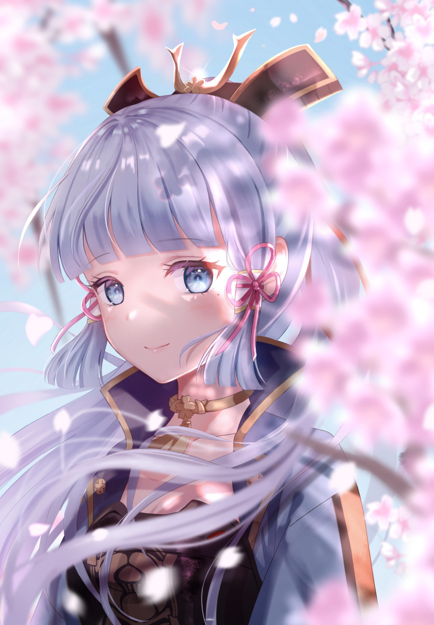 1girl absurdres armor blue_eyes blue_hair blue_jacket blue_sky blurry blurry_foreground branch breastplate closed_mouth collarbone day depth_of_field flower genshin_impact highres jacket kamisato_ayaka long_hair nasii open_clothes open_jacket outdoors petals pink_flower sky smile solo upper_body