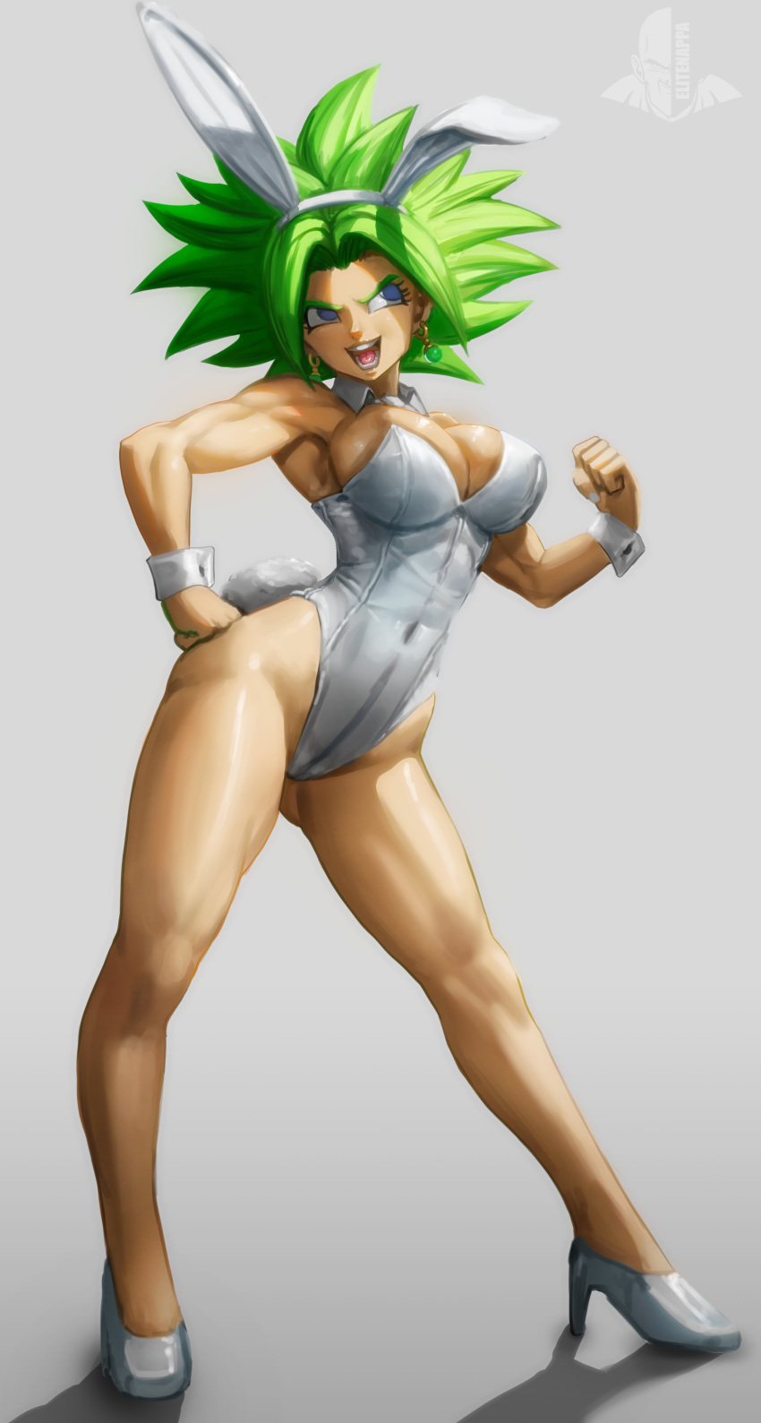 1girl absurdres animal_ears breasts detached_collar dragon_ball dragon_ball_super earrings elitenappa1 fake_animal_ears green_hair highres jewelry kefla_(dragon_ball) large_breasts leotard long_hair looking_at_viewer muscular muscular_female navel open_mouth playboy_bunny potara_earrings rabbit_ears simple_background smile solo spiky_hair strapless strapless_leotard super_saiyan tail wrist_cuffs