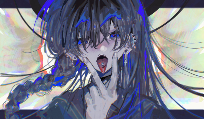 1girl bangs black_hair black_shirt blue_eyes braid commentary_request ear_piercing earrings fangs hairstyle_request highres jewelry long_hair looking_at_viewer open_mouth original piercing portrait shirt siun_5513 solo tongue tongue_out tongue_piercing v