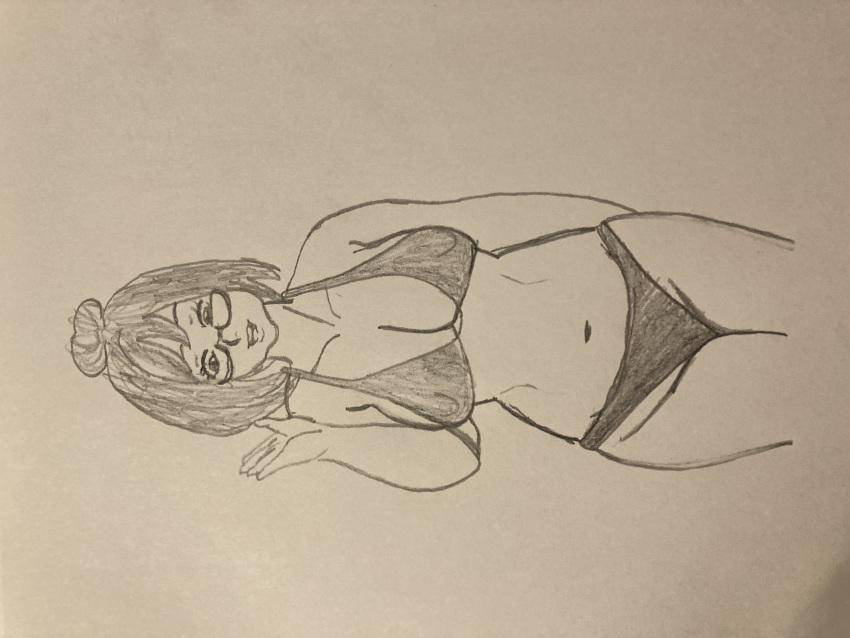 bikini black-framed_glasses girl large_breasts mei_(overwatch) pencil_drawn plump