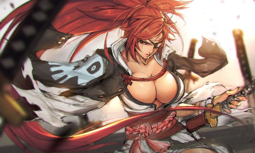 1girl absurdres baiken bangs blurry blurry_background breasts collarbone commentary eyepatch facial_mark forehead_mark guilty_gear guilty_gear_strive highres japanese_clothes katana large_breasts lips long_hair looking_at_viewer obi parted_lips ponytail red_eyes redhead sash scar scar_across_eye sheath sheathed shimetsukage shiny shiny_skin simple_background solo sword tied_hair weapon