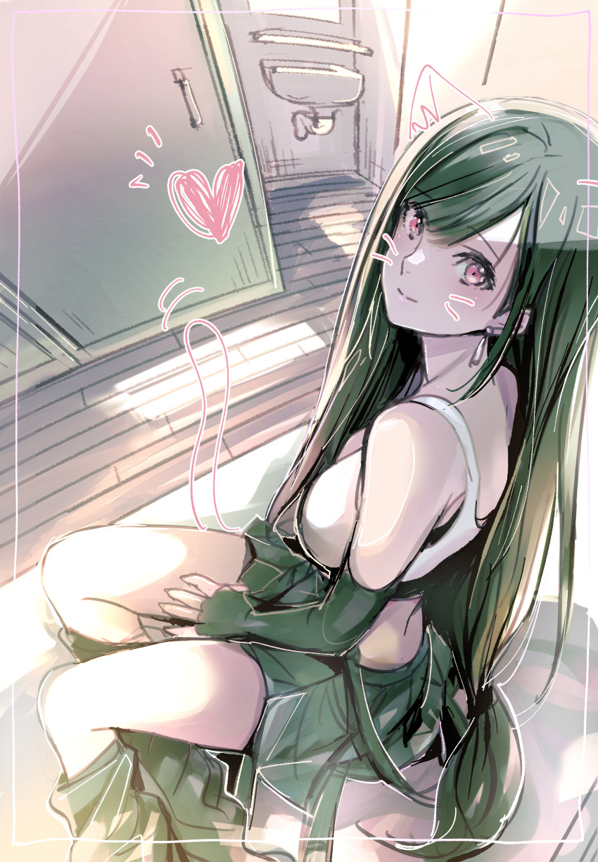 1girl absurdres animal_ears black_hair black_skirt breasts cat_ears cat_tail crop_top detached_sleeves earrings final_fantasy final_fantasy_vii final_fantasy_vii_remake from_above heart highres jewelry large_breasts long_hair looking_at_viewer low-tied_long_hair red_eyes shoji_sakura sitting skirt smile solo tail tank_top tifa_lockhart