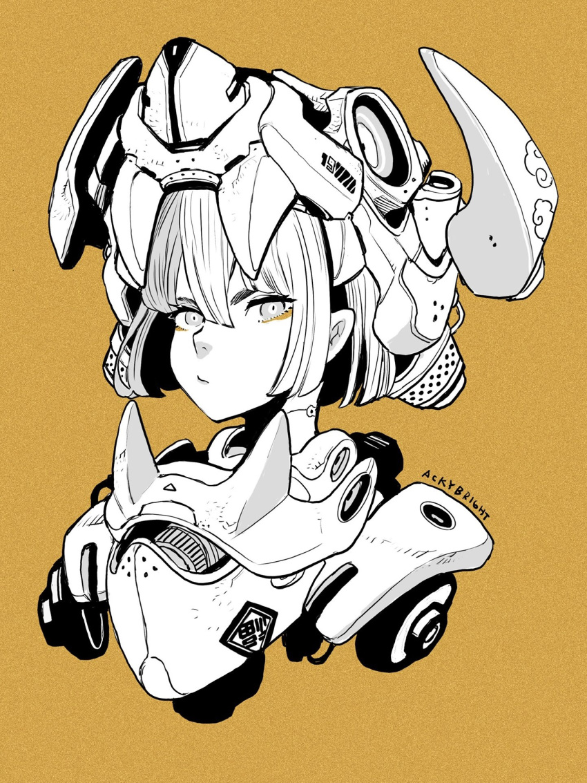 1girl acky_bright animal_ears artist_name bangs cloud_print engine fake_animal_ears fangs highres kanji looking_to_the_side mecha_musume mechanical_parts monochrome orange_background orange_theme original portrait pout serious short_hair solo translation_request
