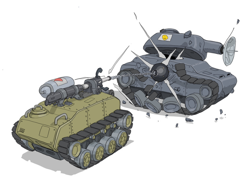 armored_vehicle attack caterpillar_tracks commentary_request debris from_behind from_side gatling_santouhei ground_vehicle highres mace military military_vehicle motor_vehicle no_humans original shadow simple_background sketch tank vehicle_focus weapon white_background