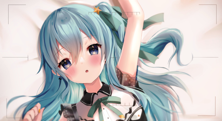 1girl :o black_bow black_shirt blue_eyes blue_hair blush bow collared_shirt hair_ornament highres hololive hoshimachi_suisei long_hair looking_at_viewer maru_ccy on_bed open_mouth shirt side_ponytail sleeveless sleeveless_shirt solo star_(symbol) star_hair_ornament viewfinder virtual_youtuber