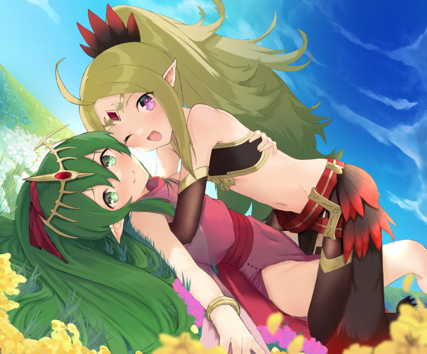 2girls ;d absurdres bangle bare_shoulders black_gloves bracelet commentary dress fire_emblem fire_emblem:_mystery_of_the_emblem fire_emblem_awakening fire_emblem_heroes gloves green_eyes green_hair hair_ornament highres hug jewelry long_hair looking_at_viewer lying mikayu_1 multiple_girls navel nowi_(fire_emblem) official_alternate_costume on_back one_eye_closed outdoors pink_dress pointy_ears ponytail smile stomach tiara tiki_(fire_emblem) very_long_hair violet_eyes