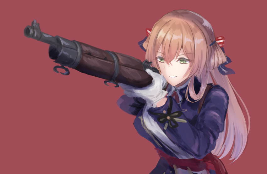 blue_jacket brown_hair dress girls_frontline gloves gun hair_rings highres holding holding_weapon jacket long_hair m1903_springfield martinreaction red_background sidelocks springfield_(girls'_frontline) weapon white_dress white_gloves