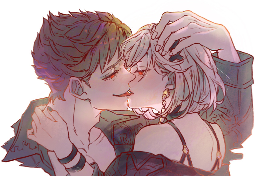 1boy 1girl alter_ego_malevolent_(granblue_fantasy) belial_(granblue_fantasy) black_hair bracelet djeeta_(granblue_fantasy) french_kiss granblue_fantasy hair_ornament hand_in_another's_hair hetero highres jewelry kiss mokimi official_alternate_costume red_eyes simple_background tongue tongue_out upper_body white_background white_hair
