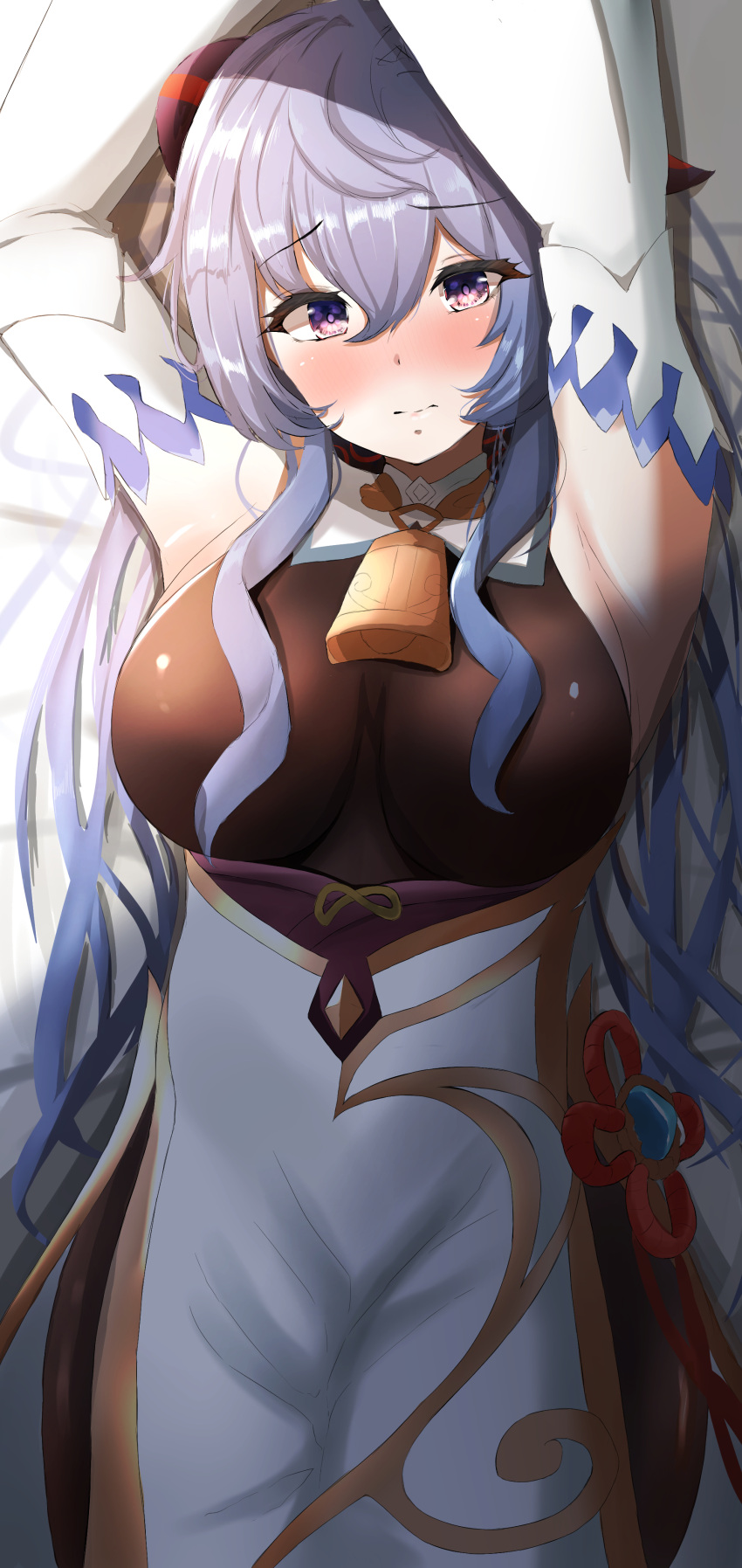 1girl absurdres arms_up b-shi bangs bell blue_hair blush breasts chinese_knot detached_sleeves eyebrows_visible_through_hair flower_knot ganyu_(genshin_impact) genshin_impact gold_trim highres horns long_hair looking_at_viewer lying medium_breasts neck_bell nose_blush on_back pelvic_curtain sidelocks solo upper_body violet_eyes vision_(genshin_impact) white_sleeves