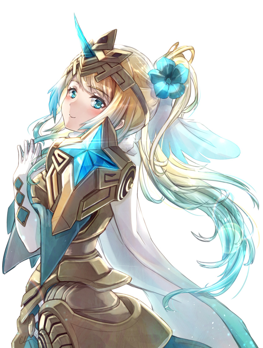 1girl absurdres alternate_costume alternate_hair_length alternate_hairstyle armor armored_dress bangs blonde_hair blue_hair blush cape clear_glass_(mildmild1311) closed_mouth commentary_request dress eyebrows_visible_through_hair fingers_together fire_emblem fire_emblem_heroes fjorm_(fire_emblem) flower gloves gold_trim gradient gradient_hair hair_flower hair_ornament hands_up highres jewelry long_hair looking_at_viewer multicolored_hair official_alternate_costume ponytail shiny shiny_hair shoulder_armor simple_background smile solo tiara tied_hair two-tone_hair
