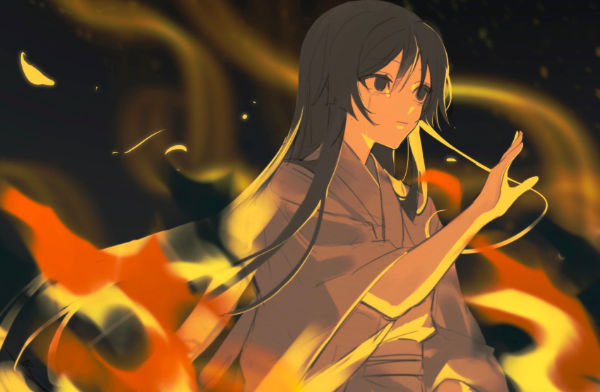 1boy bangs black_background black_eyes black_hair blurry burning crying crying_with_eyes_open depth_of_field empty_eyes floating_hair genshin_impact hand_up highres japanese_clothes kimono long_hair long_sleeves looking_away male_focus reaching sash scaramouche_(genshin_impact) solo streaming_tears tears upper_body very_long_hair white_kimono wide_sleeves xfssssssss
