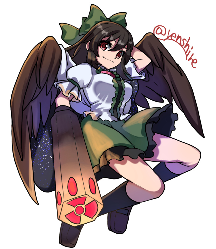 1girl arm_behind_head arm_cannon bird_wings black_legwear black_wings blouse bow brown_eyes closed_mouth eyebrows_visible_through_hair full_body green_bow green_skirt hair_bow highres looking_at_viewer one-hour_drawing_challenge radiation_symbol red_eyes reiuji_utsuho renshirenji simple_background skirt smile solo starry_sky_print touhou twitter_username weapon white_background white_blouse wings