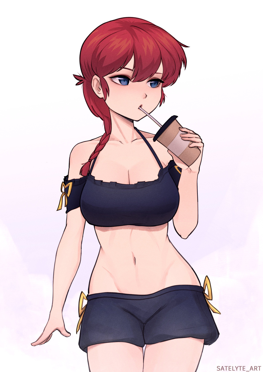 1girl absurdres artist_name bangs black_bra black_shorts blue_eyes bra braid breasts coffee_cup cup disposable_cup drinking drinking_straw frilled_bra frills hair_between_eyes highres holding holding_cup large_breasts long_hair looking_to_the_side midriff navel off-shoulder_shirt off_shoulder ranma-chan ranma_1/2 redhead saotome_ranma satelyte_art shirt shorts side-tie_shorts solo underwear