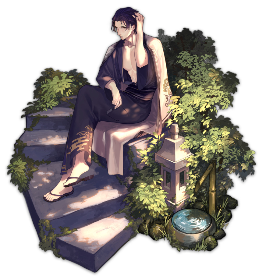 1boy artist_request bamboo black_hair black_kimono crossed_legs game_cg glasses hand_in_own_hair highres holding holding_eyewear japanese_clothes kimono mahjong_soul male_focus official_art saitou_osamu sandals simple_background sitting solo stone_lantern third-party_source transparent_background yostar