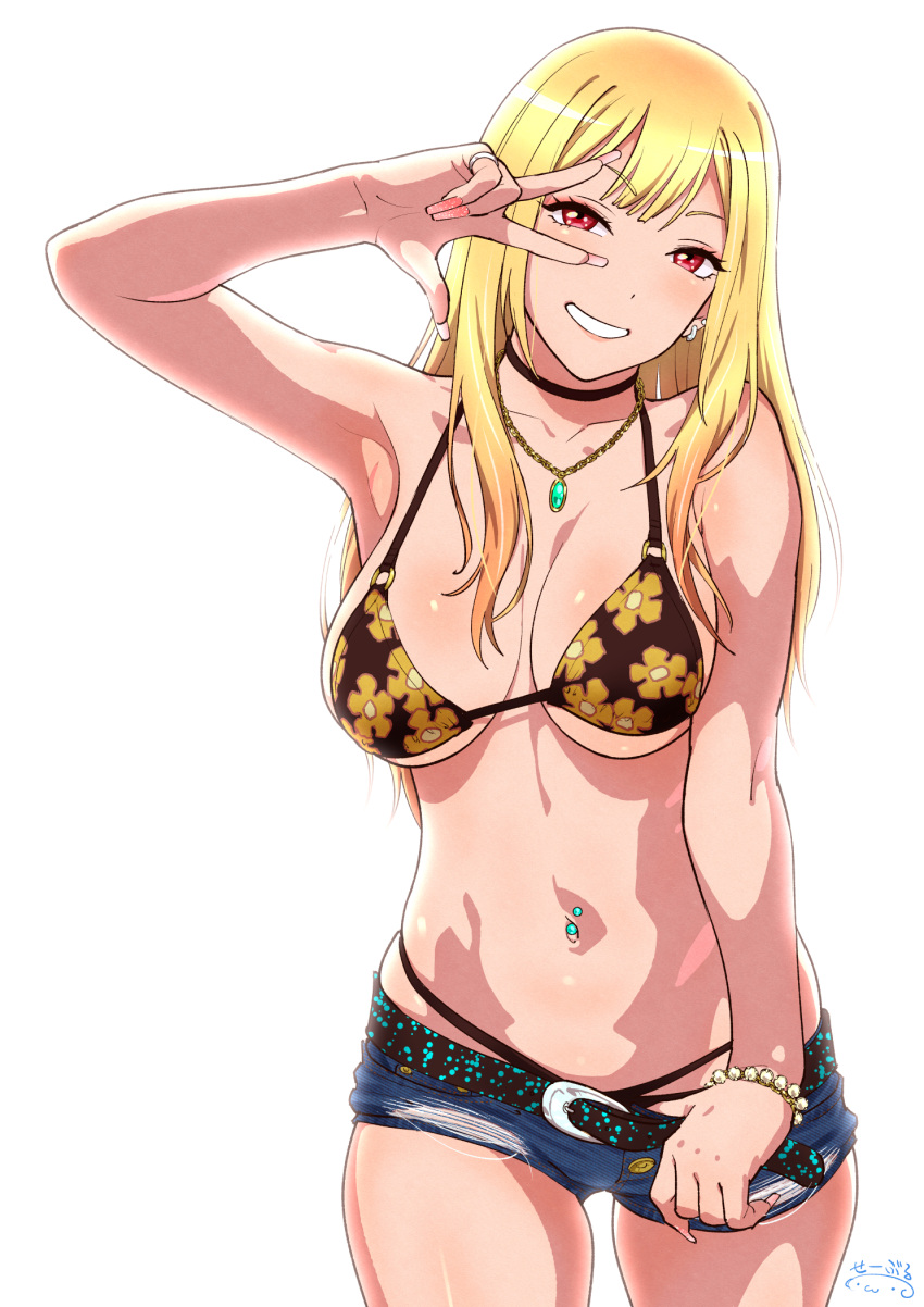 1girl arm_up armpits bangs bare_shoulders belt bikini black_choker blonde_hair blue_shorts blush bracelet breasts breasts_apart choker collarbone commentary_request denim denim_shorts ear_piercing earrings eyebrows_visible_through_hair fake_nails floral_print grin gyaru highres jewelry kitagawa_marin large_breasts long_hair looking_at_viewer navel navel_piercing necklace o-ring o-ring_bikini piercing print_bikini red_eyes revision short_shorts shorts simple_background smile solo sono_bisque_doll_wa_koi_wo_suru suna swimsuit under_boob w w_over_eye white_background