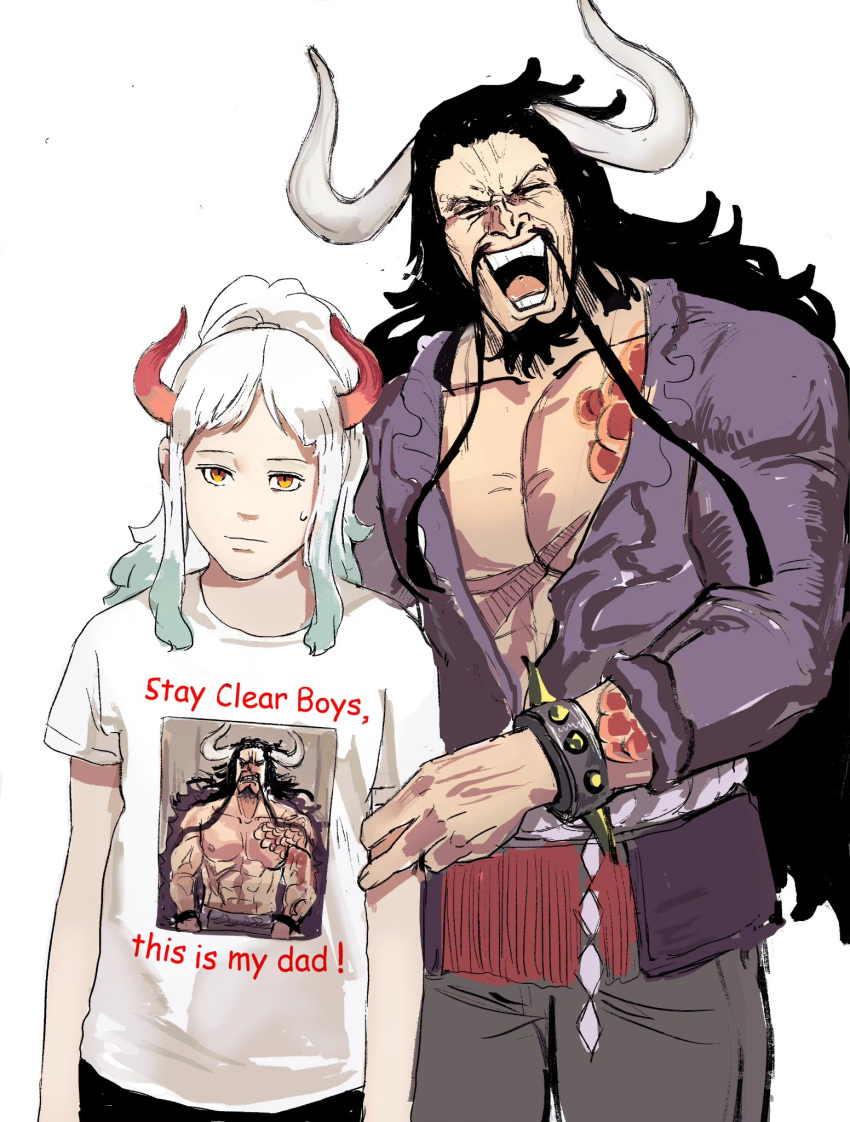 1boy 1girl alternate_costume arm_tattoo arms_at_sides bare_arms beard black_hair chest_tattoo closed_eyes closed_mouth contemporary cowboy_shot cuffs curled_horns english_text facial_hair facing_viewer father_and_daughter feng_gong_stantham green_hair grey_horns height_difference highres horns kaidou_(one_piece) laughing leaning_to_the_side long_hair long_sleeves looking_at_viewer multicolored_hair multicolored_horns mustache one_piece oni open_mouth orange_eyes orange_horns parody pectorals photo-referenced photo_(object) print_shirt red_horns shirt short_sleeves simple_background smile spikes stomach tattoo teenage two-tone_hair v-shaped_eyebrows very_long_hair white_hair yamato_(one_piece) younger