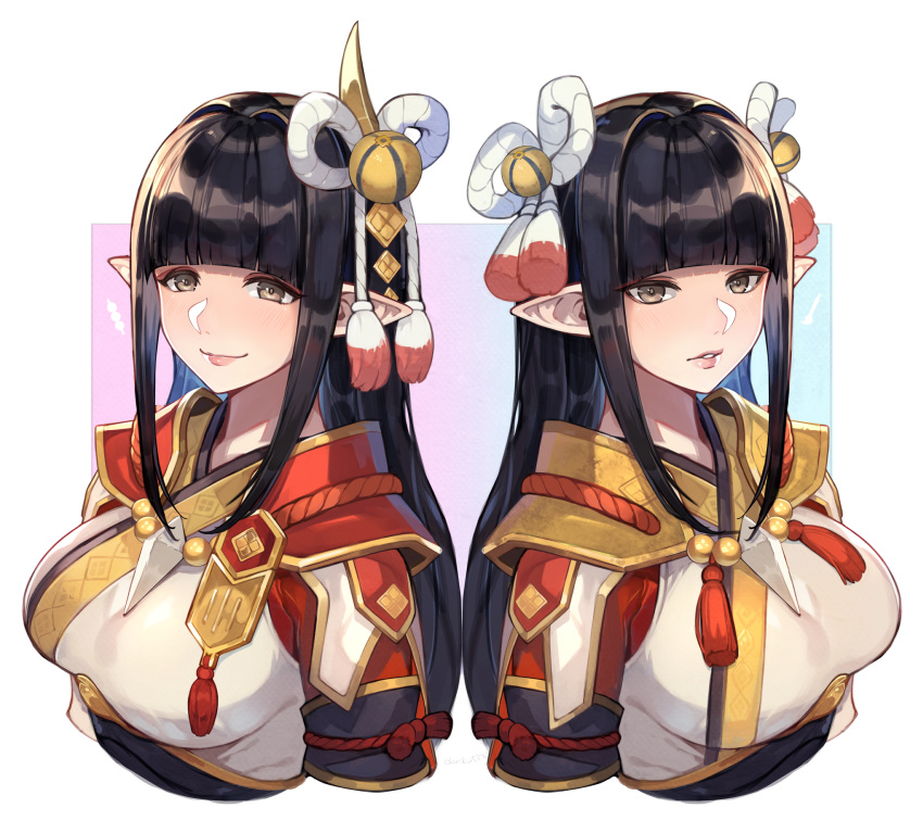 2girls absurdres bangs black_hair blunt_bangs blush breasts eyebrows_visible_through_hair fewer_digits gloves hair_ornament highres hinoa japanese_clothes long_hair looking_at_viewer minoto monster_hunter_(series) monster_hunter_rise multiple_girls pointy_ears siblings sisters smile twins uedrk_yamato yellow_eyes