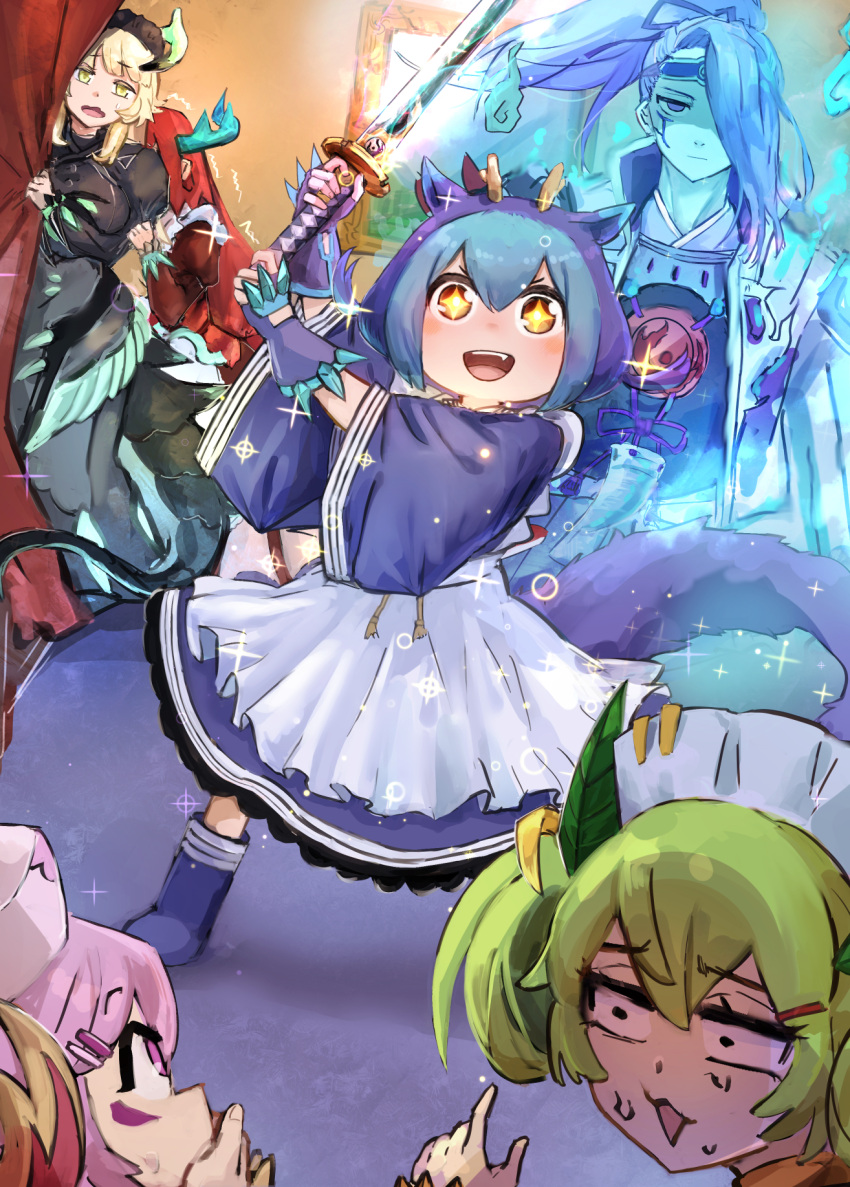 +_+ 1boy 5girls blonde_hair blue_hair brown_hair chamber_dragonmaid constricted_pupils covering_mouth curtains dragon_girl dragon_horns dragon_tail dress duel_monster empty_eyes fingerless_gloves gloves green_hair hair_over_one_eye hand_over_own_mouth hat hatano_kiyoshi highres holding holding_sword holding_weapon horns juliet_sleeves katana kitchen_dragonmaid laundry_dragonmaid long_hair long_sleeves maid_headdress multiple_girls nurse_cap nurse_dragonmaid open_mouth parlor_dragonmaid picture_frame pink_eyes pink_hair pointing ponytail puffy_sleeves purple_hair redhead shiranui_spectralsword shiranui_spectralsword_shade sparkle sweat sweating_profusely sword tail unamused weapon wide_sleeves yu-gi-oh!