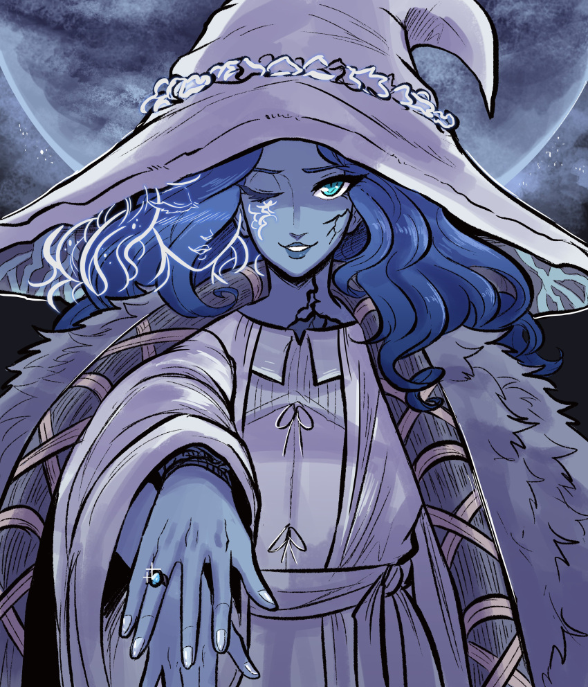 1girl absurdres blue_eyes blue_hair blue_skin blush cloak closed_eyes colored_skin cracked_skin doll_joints dress elden_ring extra_arms extra_faces fur_cloak hat highres jewelry joints long_hair looking_at_viewer moon one_eye_closed ranni_the_witch ring scruffyturtles smile solo witch witch_hat