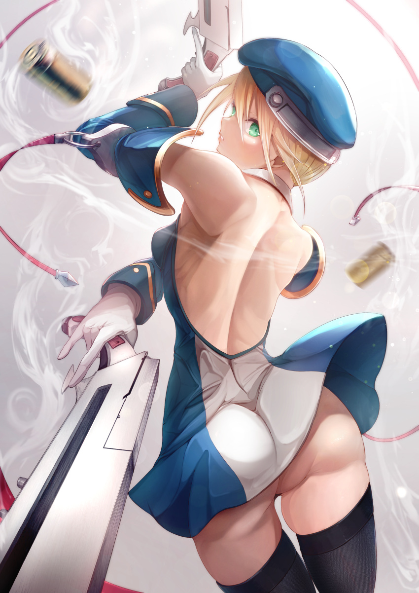 1girl absurdres ass back backless_dress backless_outfit bare_shoulders beret black_legwear blazblue blonde_hair blue_headwear bolverk breasts dai_toro dress dual_wielding eyebrows gloves green_eyes hat highres holding leotard medium_breasts noel_vermillion shell_casing solo thigh-highs white_background white_gloves