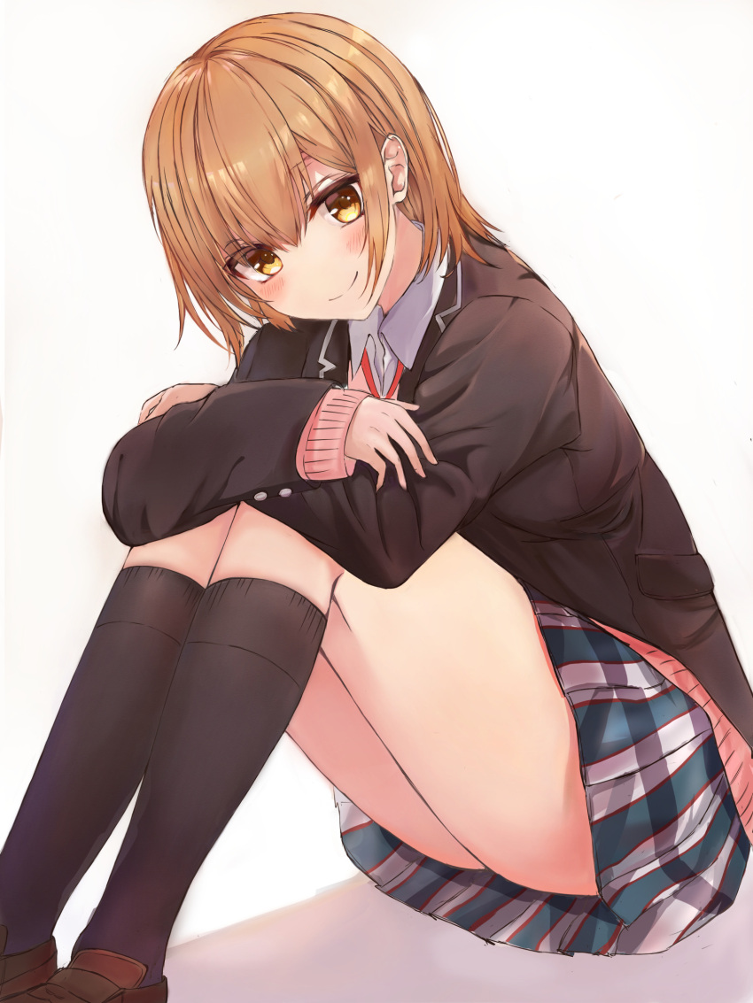 1girl black_jacket black_legwear blush brown_footwear brown_hair closed_mouth collared_shirt fleur highres hugging_own_legs isshiki_iroha jacket kneehighs loafers long_sleeves looking_at_viewer medium_hair miniskirt pink_sweater pleated_skirt school_uniform shiny shiny_hair shirt shoes simple_background sitting skirt smile sobu_high_school_uniform solo straight_hair sweater white_background wing_collar yahari_ore_no_seishun_lovecome_wa_machigatteiru. yellow_eyes