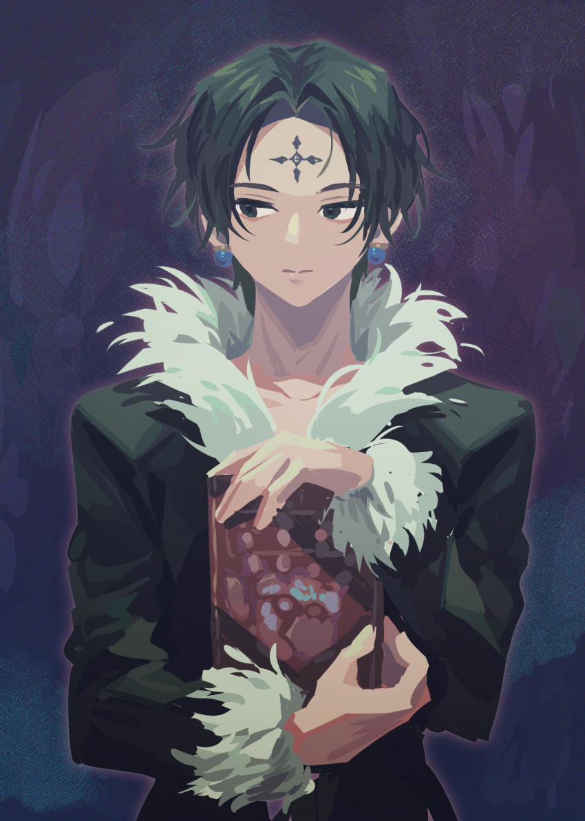 1boy bangs black_eyes black_hair book chrollo_lucilfer coat earrings facial_mark forehead_mark fur_trim highres holding holding_book hsh7955 hunter_x_hunter jewelry looking_to_the_side male_focus parted_bangs solo
