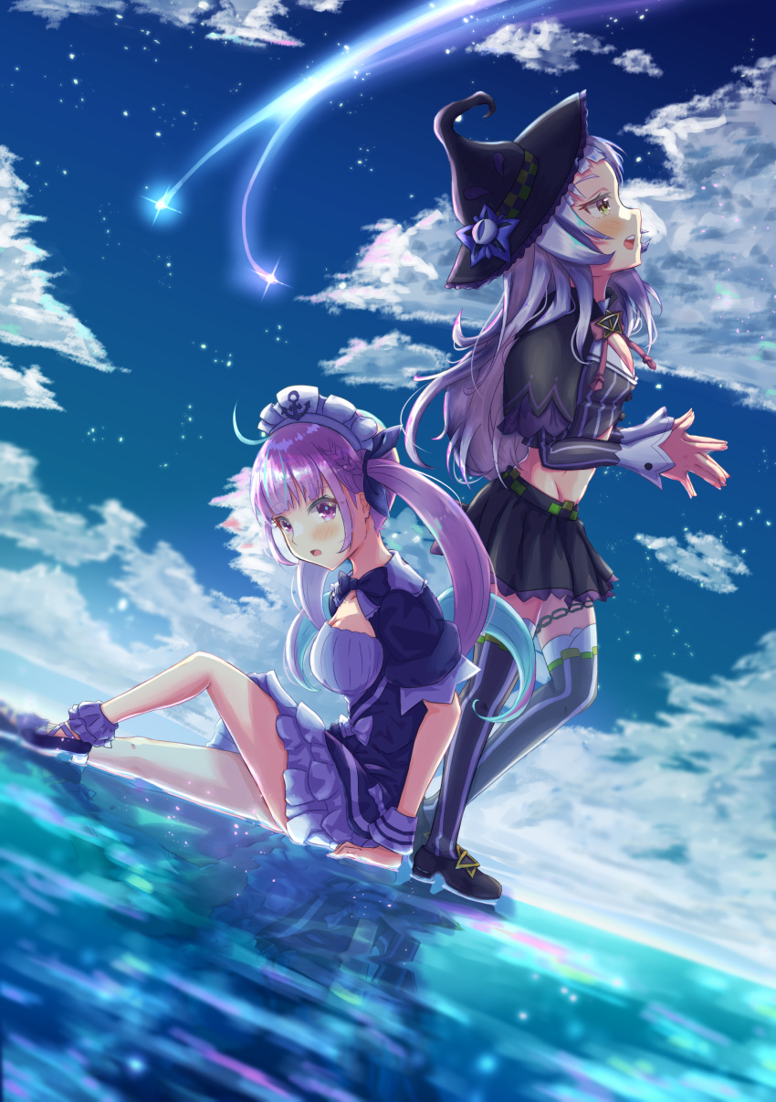 2girls \||/ absurdres ahoge animal_ears bangs blue_hair blunt_bangs blush bow braid breasts clouds colored_inner_hair eyebrows_visible_through_hair hair_ornament hair_ribbon hairband hand_to_hand hat highres hololive horizon large_breasts long_hair long_sleeves looking_at_viewer mihaeru minato_aqua multicolored_hair multiple_girls murasaki_shion navel open_mouth own_hands_together profile purple_hair ribbon shirt silver_hair sitting sky standing star_(sky) starry_sky streaked_hair striped twintails two-tone_hair violet_eyes virtual_youtuber water witch_hat yellow_eyes
