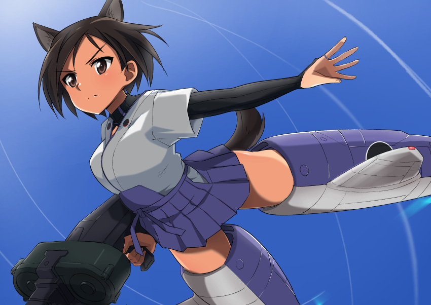 1girl 506th_joint_fighter_wing absurdres animal_ears blue_skirt blue_sky bridal_gauntlets brown_eyes brown_hair clear_sky closed_mouth commentary day dog_ears dog_tail drum_magazine dual_drum_magazine flying frown gun hakama hakama_short_skirt hakama_skirt highres holding holding_gun holding_weapon japanese_clothes kimono kuroda_kunika layered_sleeves long_sleeves looking_to_the_side machine_gun magazine_(weapon) mg42 noble_witches outdoors shirt short_hair short_over_long_sleeves short_sleeves skirt sky solo strike_witches striker_unit tail tricky_46 weapon white_kimono white_shirt world_witches_series