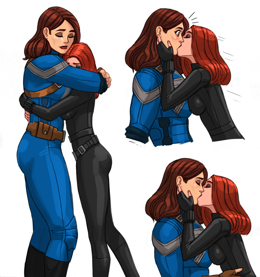 2girls alternate_universe belt black_bodysuit black_widow blue_bodysuit bodysuit breasts brown_eyes brown_gloves brown_hair captain_carter closed_eyes fingerless_gloves flick-the-thief gloves hand_on_another's_face height_difference highres hug kiss large_breasts lipstick long_hair makeup marvel marvel_cinematic_universe medium_breasts multiple_girls muscular muscular_female natasha_romanoff peggy_carter red_lips redhead size_difference superhero surprise_kiss surprised what_if_(disney+) wide-eyed yuri