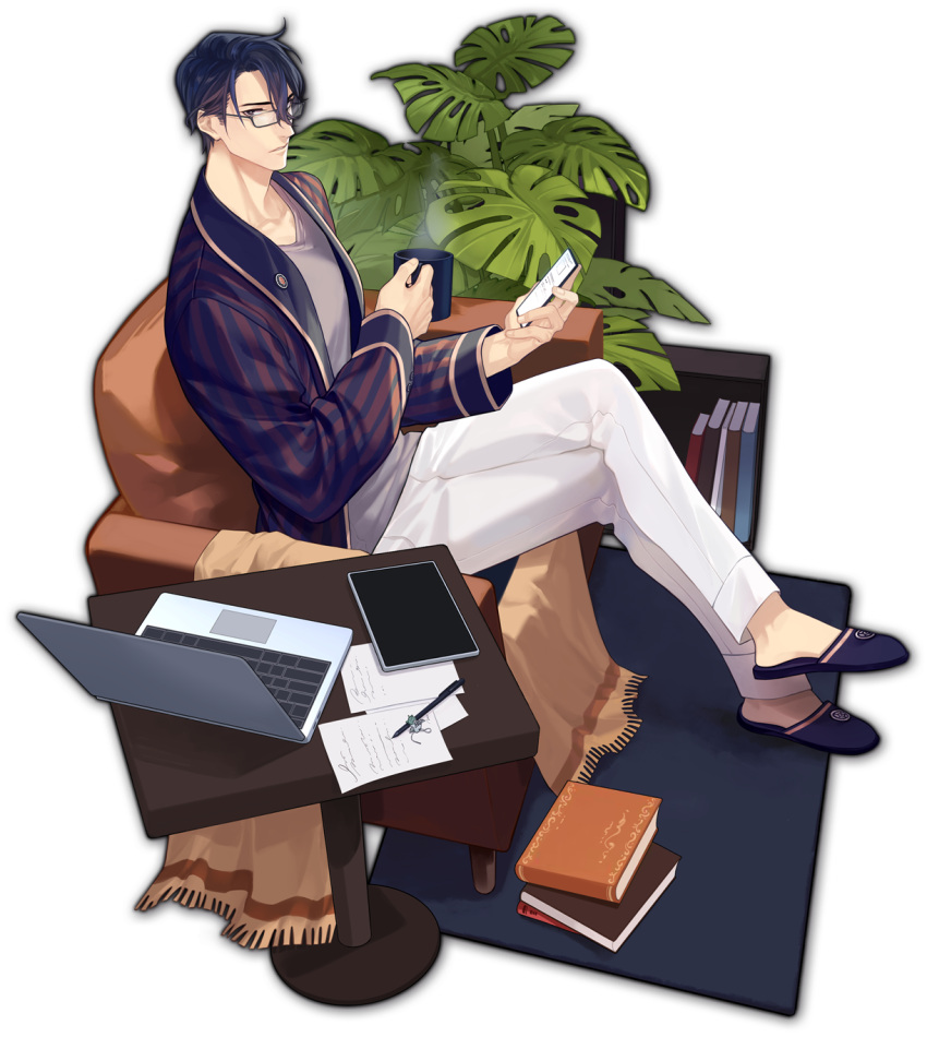 1boy artist_request black_hair blue_footwear book bookshelf cellphone computer crossed_legs cup from_above game_cg grey_shirt highres holding holding_cup holding_phone laptop mahjong_soul male_focus official_art pants paper pen phone plant plant_request rug saitou_osamu shirt simple_background sitting slippers smartphone solo steam table tablet_pc third-party_source transparent_background white_pants yostar