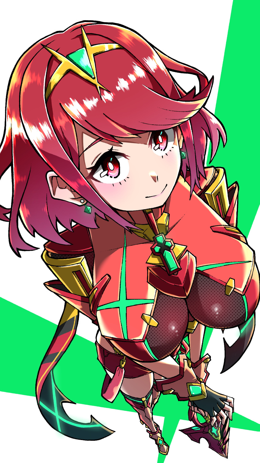 1girl absurdres aegis_sword_(xenoblade) bangs black_gloves breasts chest_jewel earrings fingerless_gloves gem gloves headpiece highres jewelry large_breasts matubara1207 pyra_(xenoblade) red_eyes red_legwear red_shorts redhead short_hair short_shorts shorts solo swept_bangs sword thigh-highs tiara weapon xenoblade_chronicles_(series) xenoblade_chronicles_2