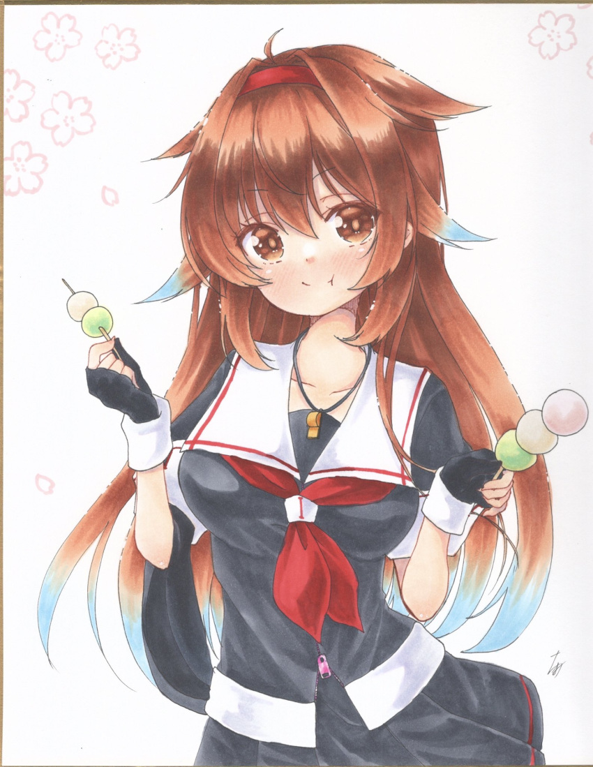 asymmetrical_sleeves breasts brown_eyes brown_hair collarbone dango eating food hairband highres kantai_collection long_hair medium_breasts school_uniform serafuku shiratsuyu_(kancolle) shiratsuyu_(kantai_collection) traditional_media wagashi whistle whistle_around_neck yuuki_chima zipper_pull_tab