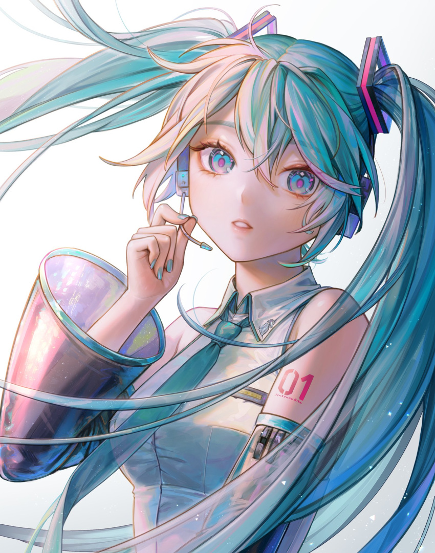 1girl adjusting_headset aqua_hair aqua_nails aqua_necktie arm_at_side bare_shoulders black_sleeves blue_eyes breasts character_name collared_shirt detached_sleeves expressionless eyebrows_visible_through_hair eyelashes fingernails hand_up hatsune_miku headset highres iridescent light_particles long_hair looking_at_viewer medium_breasts necktie number_tattoo parted_lips pink_pupils see-through_necktie see-through_sleeves shirt shoulder_tattoo sidelighting simple_background sleeveless sleeveless_shirt solo sparkle tamaki599 tattoo translucent_hair twintails upper_body very_long_hair vocaloid white_background white_shirt wide_sleeves