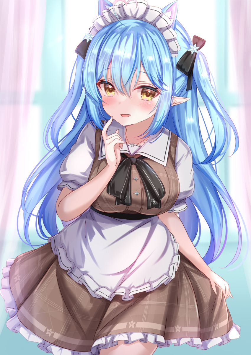 1girl ahoge animal_ear_fluff animal_ears apron bangs black_bow black_bowtie blue_hair blush bow bowtie brown_dress cat_ears commentary cowboy_shot dress elf extra_ears eyebrows_visible_through_hair frilled_apron frilled_dress frills hair_between_eyes hair_bow heart_ahoge highres hololive long_hair looking_at_viewer maid maid_headdress multicolored_hair parted_lips plaid plaid_dress pointy_ears puffy_short_sleeves puffy_sleeves short_sleeves smile solo standing streaked_hair two_side_up very_long_hair virtual_youtuber yellow_eyes yuano yukihana_lamy