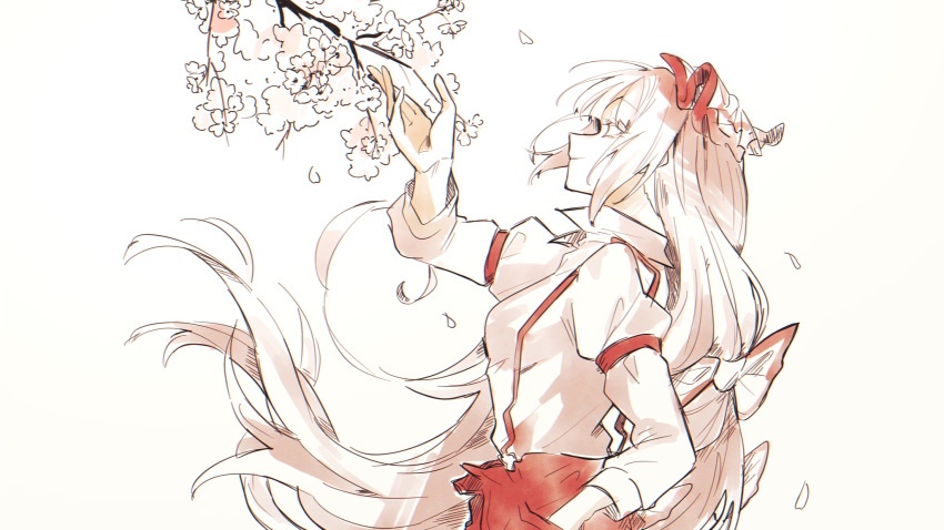 1girl arm_garter arm_up bangs blunt_bangs bow branch breasts cherry_blossoms closed_mouth collared_shirt commentary_request falling_petals from_side fujiwara_no_mokou hair_bow hand_in_pocket highres long_hair long_sleeves looking_up medium_breasts multiple_bows pants petals red_eyes red_pants shirt sidelocks smile solo somei_ooo standing suspenders touhou two-tone_bow very_long_hair white_background white_hair white_shirt wing_collar