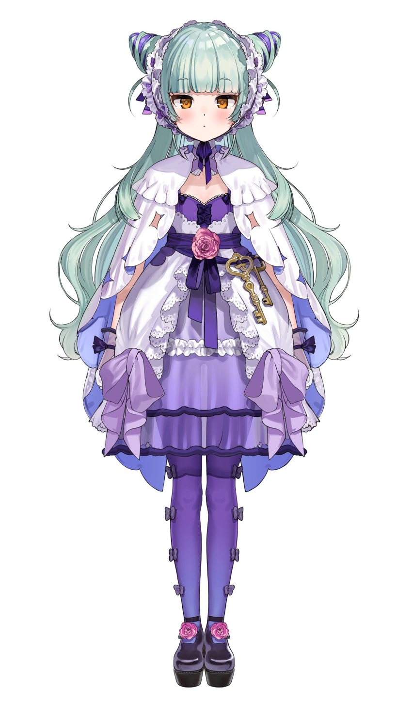 1girl arms_at_sides bangs closed_mouth dress flat_chest frills green_hair hair_cones highres kanzarin key long_hair looking_at_viewer mahoroba nemori_petty second-party_source see-through see-through_silhouette shoes simple_background solo standing virtual_youtuber white_background yellow_eyes
