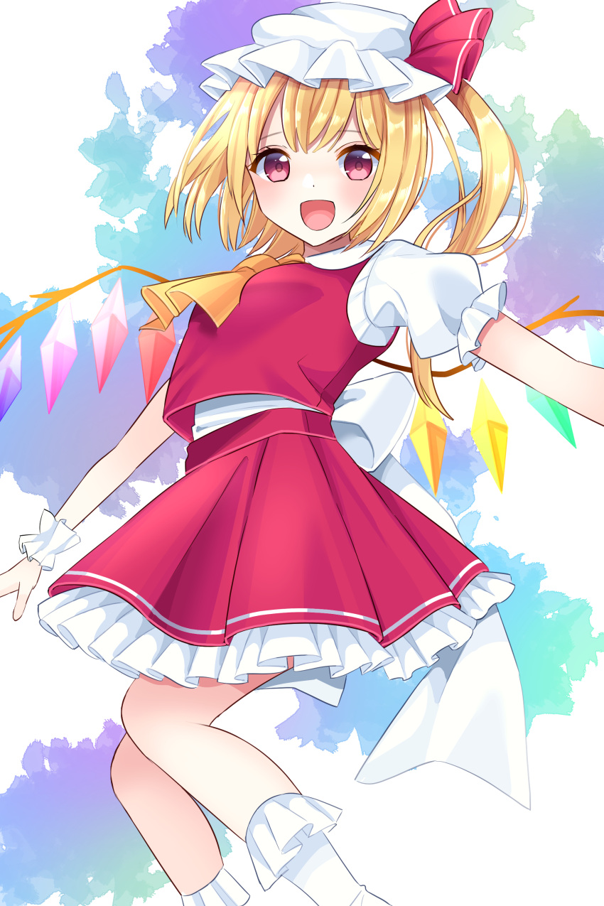 1girl :d absurdres ascot blonde_hair blush crystal flandre_scarlet hat hat_ribbon highres looking_at_viewer mob_cap open_mouth puffy_short_sleeves puffy_sleeves red_ribbon red_skirt red_vest ribbon shirt short_sleeves side_ponytail skirt skirt_set smile socks solo stigma1101 touhou vest violet_eyes white_legwear white_shirt wings