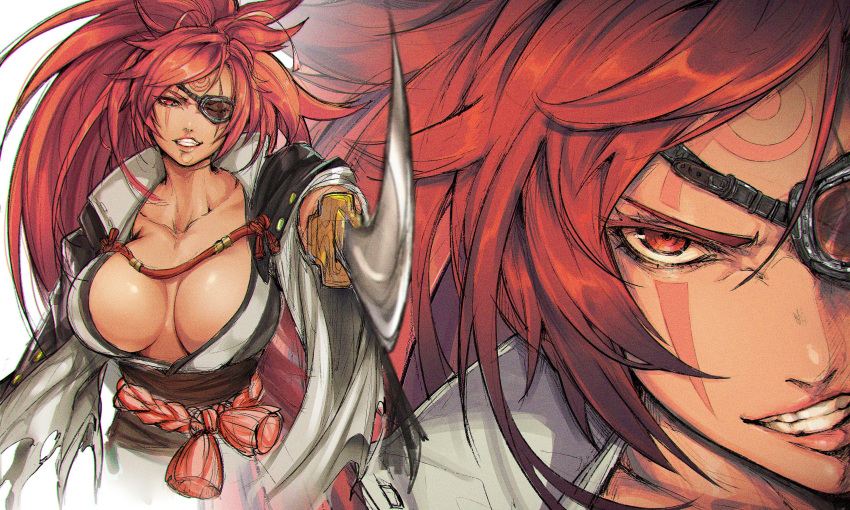 1girl absurdres baiken bangs blurry blurry_background breasts collarbone commentary eyepatch facial_mark forehead_mark guilty_gear guilty_gear_strive highres holding holding_weapon japanese_clothes katana large_breasts lips long_hair looking_at_viewer multiple_views obi parted_lips ponytail red_eyes redhead sash scar scar_across_eye shimetsukage shiny shiny_skin simple_background smile solo sword teeth tied_hair weapon