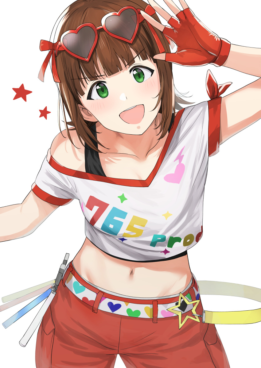 1girl :d amami_haruka belt breasts brown_hair fingerless_gloves gloves green_eyes hair_ribbon highres idolmaster idolmaster_(classic) looking_at_viewer medium_breasts midriff navel pants pose red_pants redhead ribbon shirt simple_background smile sunglasses tsurui white_shirt