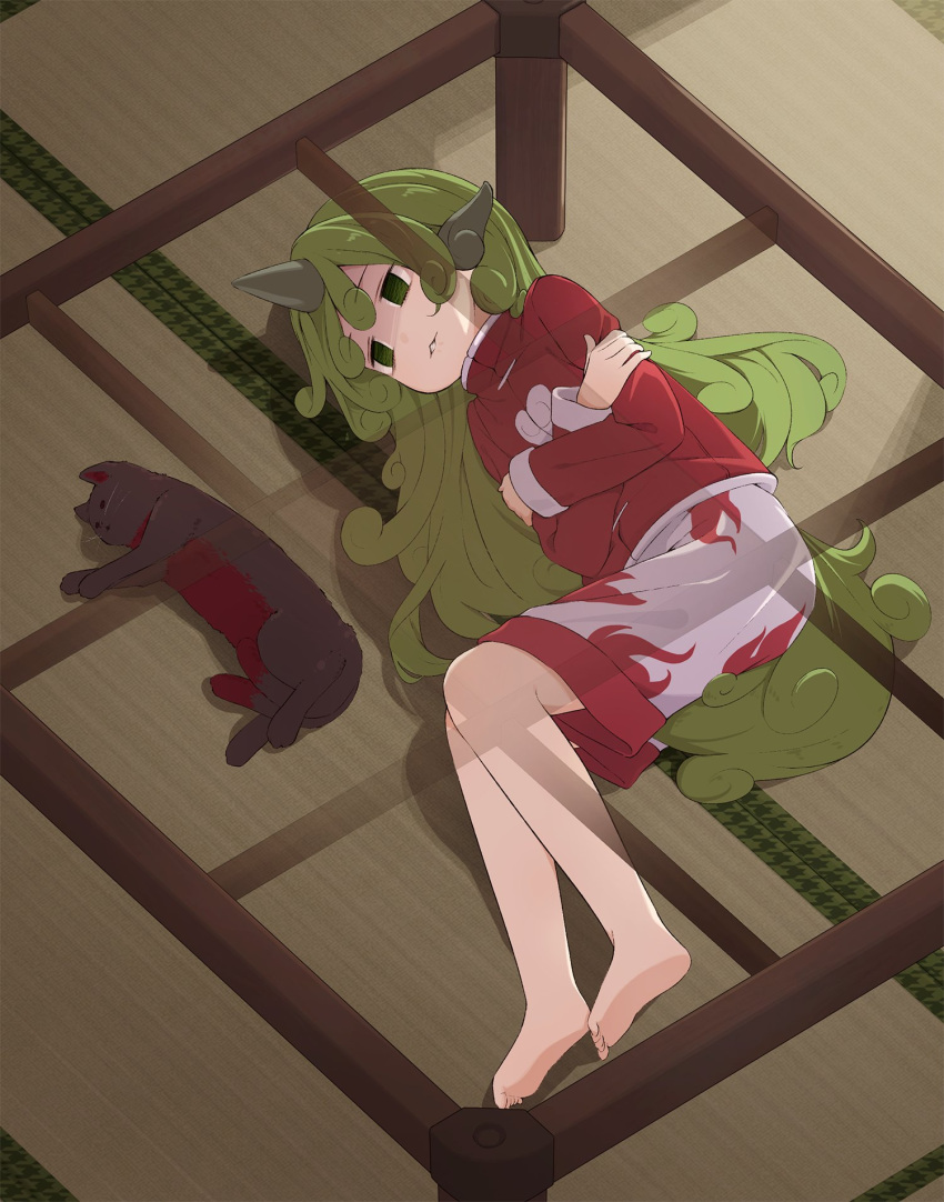 1girl animal animal_ears bangs barefoot black_eyes cat cat_ears cat_tail closed_mouth commentary_request crossed_arms dark_skin dog_tail empty_eyes eyebrows_visible_through_hair floor green_eyes green_hair grey_shorts hair_between_eyes highres horns indoors jacket kaenbyou_rin kaenbyou_rin_(cat) kanpa_(campagne_9) komano_aunn long_hair long_sleeves looking_to_the_side multiple_tails red_jacket shaded_face shadow shorts table tail teeth touhou two_tails