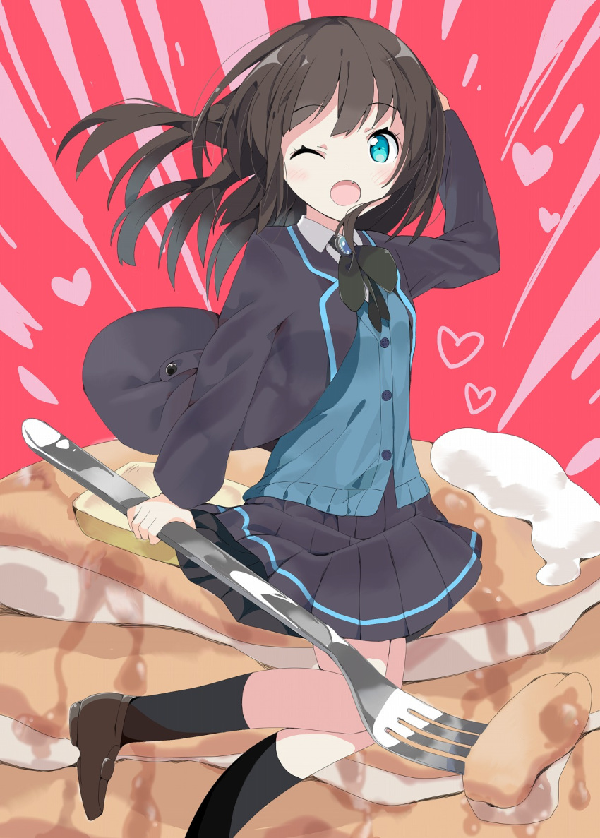 1girl :p black_hair black_skirt blue_eyes butter cardigan commentary_request food fork hand_on_own_head heart highres loafers long_hair long_sleeves one_eye_closed open_mouth original pancake revision school_uniform shoes skirt solo sweater syrup tantan_men_(dragon) tongue tongue_out